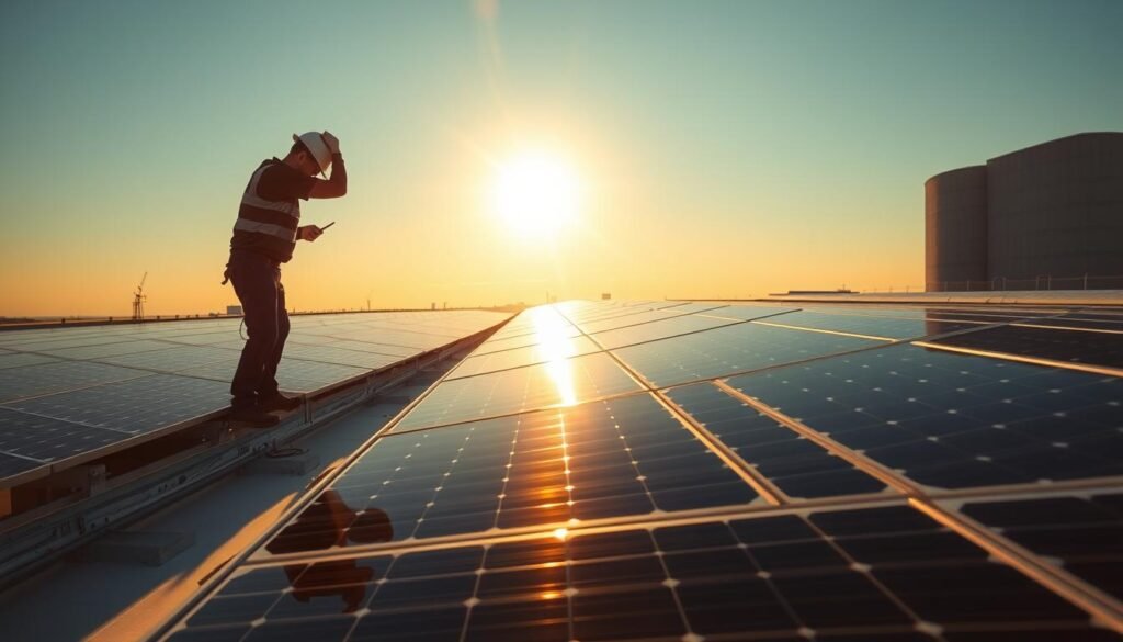 A sun-drenched rooftop, rows of sleek, monocristallin solar panels perfectly installed, their shiny surfaces reflecting the sky. In the foreground, a technician diligently adjusts the angle of the panels, ensuring optimal efficiency. The middle ground features a clean, minimalist mounting system, meticulously engineered to seamlessly integrate the panels. The background showcases the building's architecture, a modern, energy-efficient design that complements the solar installation. Soft, warm lighting illuminates the scene, creating a sense of harmony between the technology and the built environment. The overall atmosphere exudes professionalism, innovation, and a commitment to sustainable energy solutions. A sun-drenched rooftop, rows of sleek, monocristallin solar panels perfectly installed, their shiny surfaces reflecting the sky. In the foreground, a technician diligently adjusts the angle of the panels, ensuring optimal efficiency. The middle ground features a clean, minimalist mounting system, meticulously engineered to seamlessly integrate the panels. The background showcases the building's architecture, a modern, energy-efficient design that complements the solar installation. Soft, warm lighting illuminates the scene, creating a sense of harmony between the technology and the built environment. The overall atmosphere exudes professionalism, innovation, and a commitment to sustainable energy solutions.