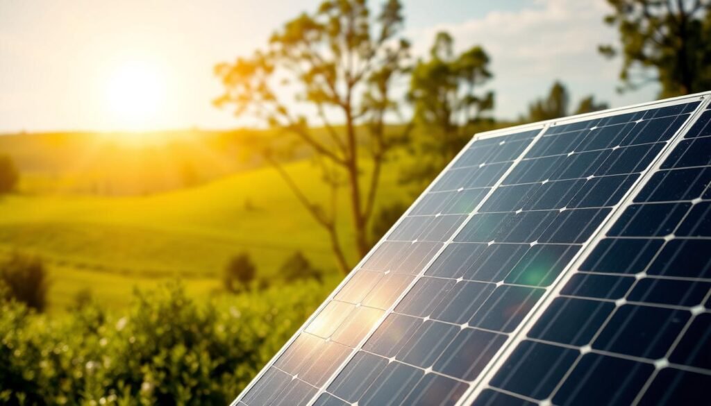 A sun-drenched solar panel, its surface gleaming with a golden glow, stands proudly in a lush, verdant landscape. The panel is angled just right, capturing the sun's rays at an optimal angle, maximizing energy production. In the foreground, the panel's sleek, modern design is highlighted, its edges sharply defined against the bright sky. Behind it, rolling hills and towering trees create a serene, natural backdrop, emphasizing the panel's harmonious integration with the environment. The overall scene conveys the importance of strategic solar panel placement, harnessing the sun's power to its fullest potential.