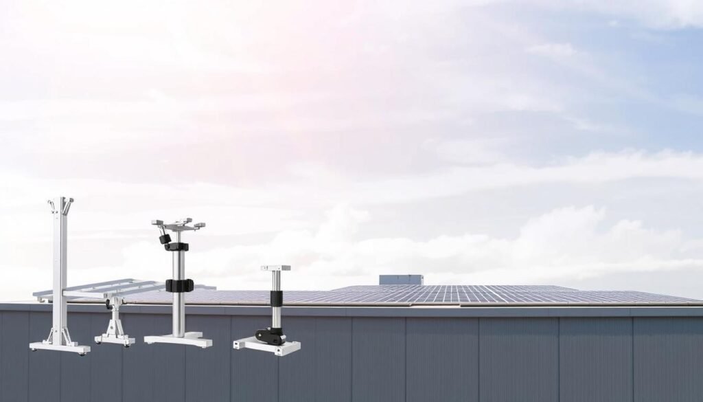 A detailed architectural illustration of various solar panel mounting systems for flat roofs. The foreground depicts a range of contemporary racking and mounting hardware, including low-profile aluminum frames, adjustable tilt legs, and clamps for secure panel attachment. The middle ground showcases the integration of these systems on a flat commercial or industrial building, with solar panels neatly arranged in rows. The background features a crisp, high-contrast sky with soft, diffused lighting, creating a clean, technical aesthetic. The overall composition highlights the form, function, and versatility of these solar support systems, emphasizing their practical application for renewable energy installations on flat roof surfaces.