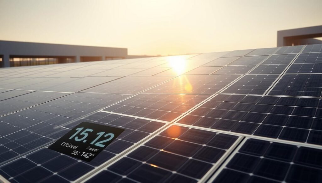 A detailed, high-resolution image of a crystalline solar panel array, with a clean, modern aesthetic. The panels are neatly arranged, casting sharp shadows on the ground. Sunlight streams in from the upper left, creating a warm, golden glow across the scene. The panel surfaces have a subtle, reflective sheen, highlighting their polished, efficient design. In the foreground, a digital display shows the panel's current power output and efficiency metrics, providing a technical focus. The background is a minimalist, architectural landscape, emphasizing the panel's integration into modern infrastructure. The overall mood is one of precision, sustainability, and technological innovation. A detailed, high-resolution image of a crystalline solar panel array, with a clean, modern aesthetic. The panels are neatly arranged, casting sharp shadows on the ground. Sunlight streams in from the upper left, creating a warm, golden glow across the scene. The panel surfaces have a subtle, reflective sheen, highlighting their polished, efficient design. In the foreground, a digital display shows the panel's current power output and efficiency metrics, providing a technical focus. The background is a minimalist, architectural landscape, emphasizing the panel's integration into modern infrastructure. The overall mood is one of precision, sustainability, and technological innovation.