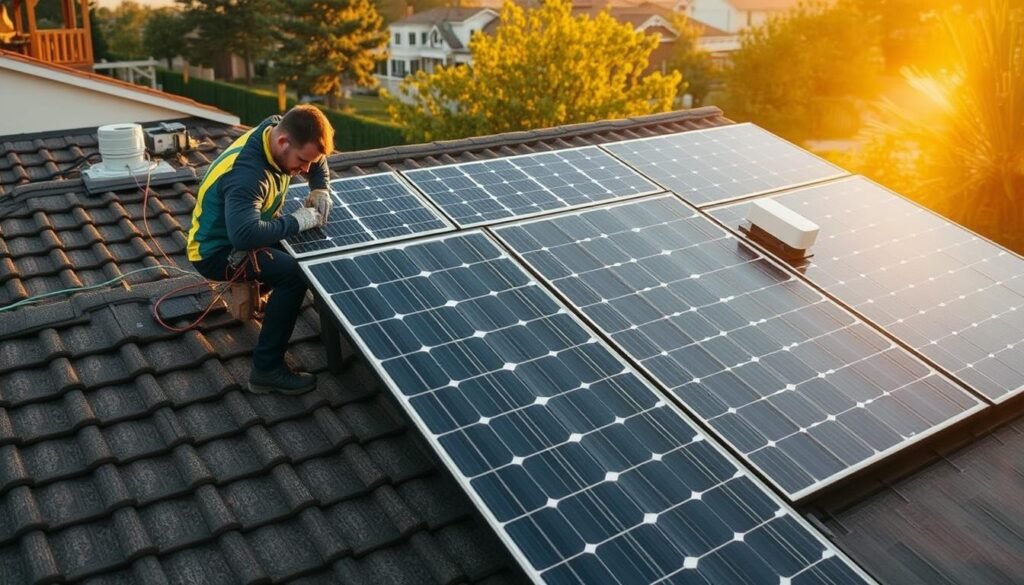 A detailed step-by-step installation process of solar panels on a residential rooftop. In the foreground, a skilled technician carefully mounts the solar panels, taking precise measurements and aligning them perfectly. In the middle ground, the solar array is taking shape, with the inverter and other electrical components being installed meticulously. The background showcases the warm, golden glow of the afternoon sun, casting a serene and productive atmosphere. The lighting is natural and diffused, highlighting the technical details of the installation. The camera angle is slightly elevated, providing a comprehensive view of the entire process. The overall mood conveys a sense of expertise, efficiency, and the homeowner's transition to clean, renewable energy. A detailed step-by-step installation process of solar panels on a residential rooftop. In the foreground, a skilled technician carefully mounts the solar panels, taking precise measurements and aligning them perfectly. In the middle ground, the solar array is taking shape, with the inverter and other electrical components being installed meticulously. The background showcases the warm, golden glow of the afternoon sun, casting a serene and productive atmosphere. The lighting is natural and diffused, highlighting the technical details of the installation. The camera angle is slightly elevated, providing a comprehensive view of the entire process. The overall mood conveys a sense of expertise, efficiency, and the homeowner's transition to clean, renewable energy.