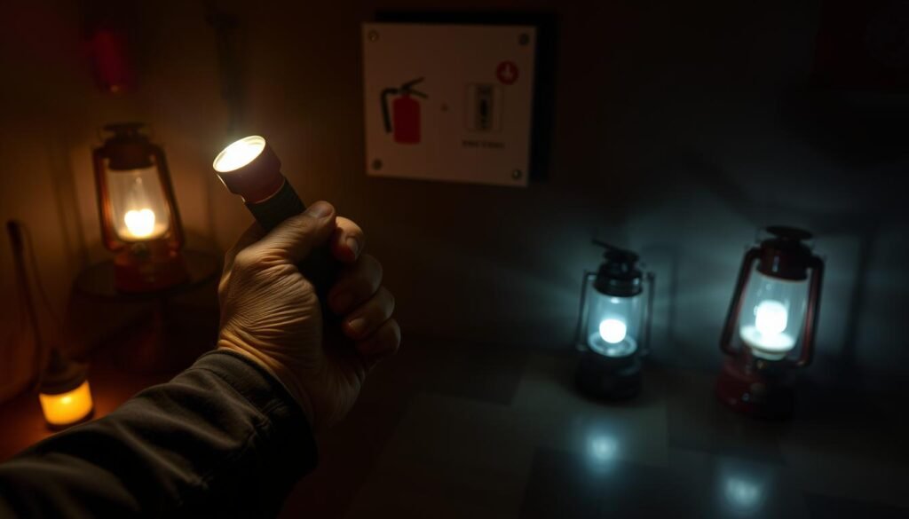 A dimly lit room with shadows cast across the floor, illuminated by the glow of emergency lanterns. In the foreground, a weathered hand reaches for a battery-powered flashlight, its beam cutting through the darkness. On the wall, a prominent emergency panel displays simple, iconic safety symbols - a fire extinguisher, a first aid kit, and a circuit breaker. The atmosphere is one of preparedness and calm, conveying the essential safety measures one must take during a power outage. A dimly lit room with shadows cast across the floor, illuminated by the glow of emergency lanterns. In the foreground, a weathered hand reaches for a battery-powered flashlight, its beam cutting through the darkness. On the wall, a prominent emergency panel displays simple, iconic safety symbols - a fire extinguisher, a first aid kit, and a circuit breaker. The atmosphere is one of preparedness and calm, conveying the essential safety measures one must take during a power outage.