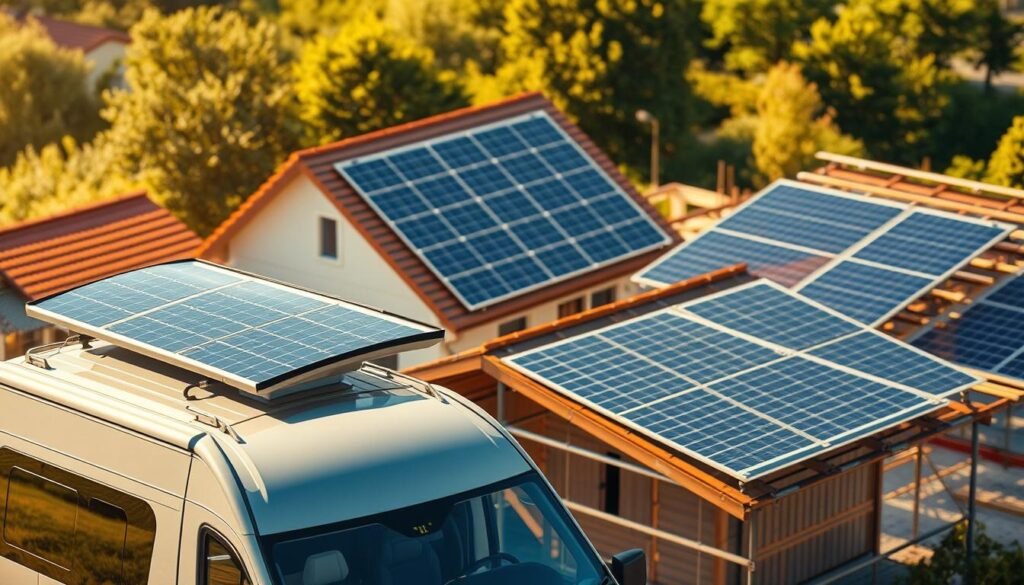 A dynamic scene showcasing the versatile applications of flexible solar panels. In the foreground, a compact, curved solar panel is seamlessly integrated into the roof of a camper van, harnessing the sun's energy to power its interior. In the middle ground, a large, flexible solar array unfurls across the slanted roof of a residential home, efficiently converting sunlight into renewable electricity. In the background, a construction site features flexible solar mats laid across a scaffolding structure, demonstrating their adaptability to diverse settings. The scene is bathed in warm, golden sunlight, accentuating the panels' sleek, lightweight designs and highlighting their practical, real-world usage. Crisp, high-resolution details and a sense of depth create an immersive, visually striking depiction of the various utilisations of flexible solar technology.