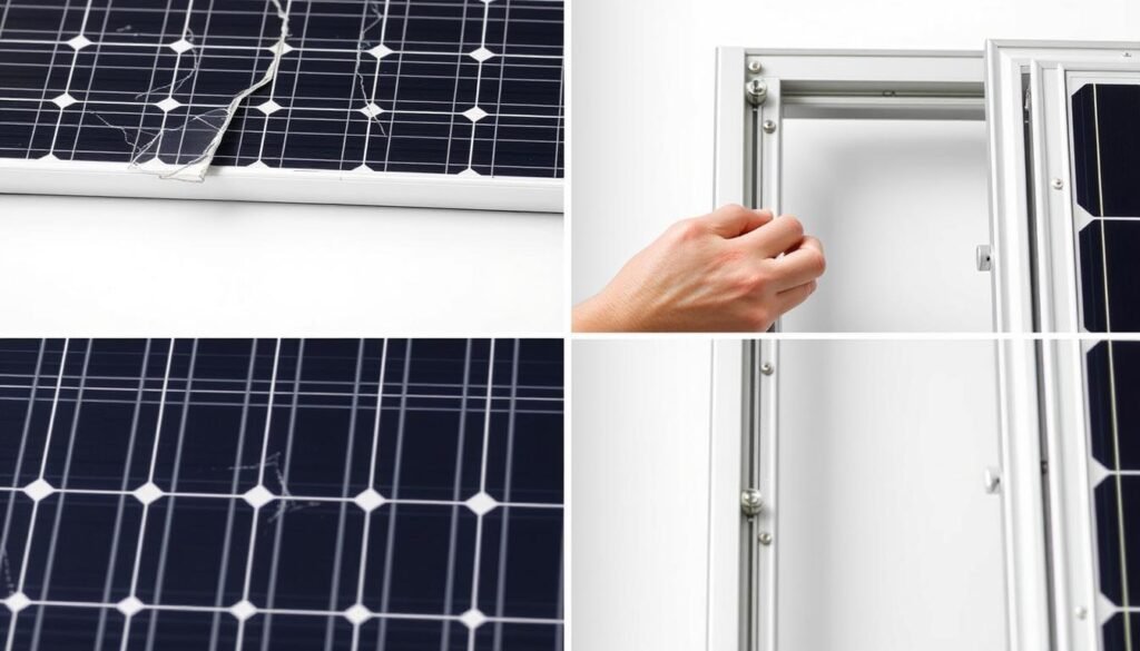 A high-resolution close-up image of various solar panel repair options, including a cracked solar panel being carefully patched, a panel being professionally replaced, and a damaged frame being reinforced. The image is well-lit, with a clean white background, showcasing the intricate details and techniques involved in solar panel repair. The overall mood is one of technical expertise and attention to detail, reflecting the care and precision required to maintain and restore solar energy systems.