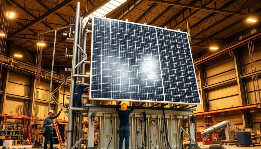 A large-scale industrial setting with a warehouse or factory backdrop. In the foreground, a team of workers diligently installing vertical solar panels on a metal framework, taking precise measurements and securing the panels with specialized tools. The middle ground showcases the process, with technicians running cables, checking connections, and monitoring the system's performance. Warm lighting from the overhead fixtures casts a soft glow, creating an atmosphere of efficiency and technical expertise. The background features high ceilings, exposed beams, and a sense of scale, emphasizing the scope and importance of the vertical solar panel installation project.