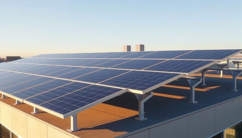 A rooftop solar panel installation on a flat commercial building, with a modern, minimalist aesthetic. The solar panels are arranged in a grid pattern, with clean lines and attention to symmetry. Warm sunlight casts gentle shadows, highlighting the sleek metallic frames and tempered glass surfaces. The panels are securely mounted on a sturdy, low-profile support system, designed to withstand the elements while maintaining a streamlined, unobtrusive profile. The overall scene conveys a sense of efficiency, sustainability, and careful planning, suitable for illustrating expert advice on choosing the right solar panel support system for a flat roof.