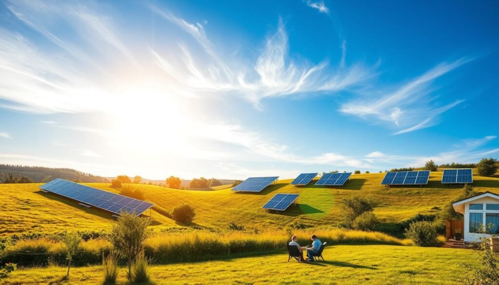 A serene landscape bathed in warm, golden sunlight, featuring a collection of flexible solar panels elegantly integrated into the natural environment. The panels seamlessly blend with the rolling hills, lush greenery, and a clear blue sky dotted with wispy clouds. In the foreground, a family relaxes in their backyard, enjoying the benefits of the renewable energy harnessed by the flexible solar array. The scene conveys a sense of harmony, efficiency, and environmental consciousness, perfectly encapsulating the concept of "économies d'énergie" with the flexible solar panels as the centerpiece.