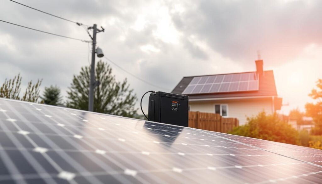 A solar installation after a power outage, with the sun's rays breaking through overcast skies. In the foreground, a well-maintained solar panel array, its panels gleaming as they come back online, their connection to the grid restored. In the middle ground, a compact battery storage system, its indicator lights blinking as it begins recharging. In the background, a residential or small commercial building, its rooftop solar panels now operational, providing self-sufficient power. The scene conveys a sense of resilience and self-reliance, as the solar system rapidly recovers from the disruption, ensuring continuous, renewable energy for the building. A solar installation after a power outage, with the sun's rays breaking through overcast skies. In the foreground, a well-maintained solar panel array, its panels gleaming as they come back online, their connection to the grid restored. In the middle ground, a compact battery storage system, its indicator lights blinking as it begins recharging. In the background, a residential or small commercial building, its rooftop solar panels now operational, providing self-sufficient power. The scene conveys a sense of resilience and self-reliance, as the solar system rapidly recovers from the disruption, ensuring continuous, renewable energy for the building.