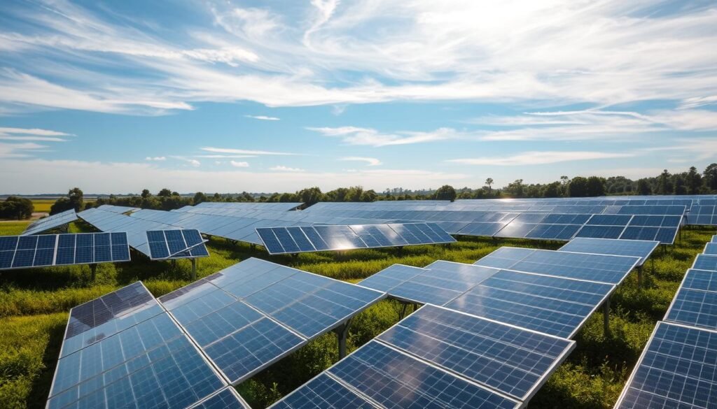 A sun-drenched field of sleek, polycrystaline solar panels, their reflective surfaces gleaming in the warm light. The panels are arranged in a neat grid, casting long shadows that stretch across the lush, verdant landscape. In the background, a clear blue sky dotted with wispy clouds, creating a serene and tranquil atmosphere. The camera is positioned slightly elevated, offering a sweeping, panoramic view that showcases the efficiency and versatility of these solar energy solutions. The overall scene conveys a sense of clean, renewable power and the benefits of embracing sustainable technologies. A sun-drenched field of sleek, polycrystaline solar panels, their reflective surfaces gleaming in the warm light. The panels are arranged in a neat grid, casting long shadows that stretch across the lush, verdant landscape. In the background, a clear blue sky dotted with wispy clouds, creating a serene and tranquil atmosphere. The camera is positioned slightly elevated, offering a sweeping, panoramic view that showcases the efficiency and versatility of these solar energy solutions. The overall scene conveys a sense of clean, renewable power and the benefits of embracing sustainable technologies.