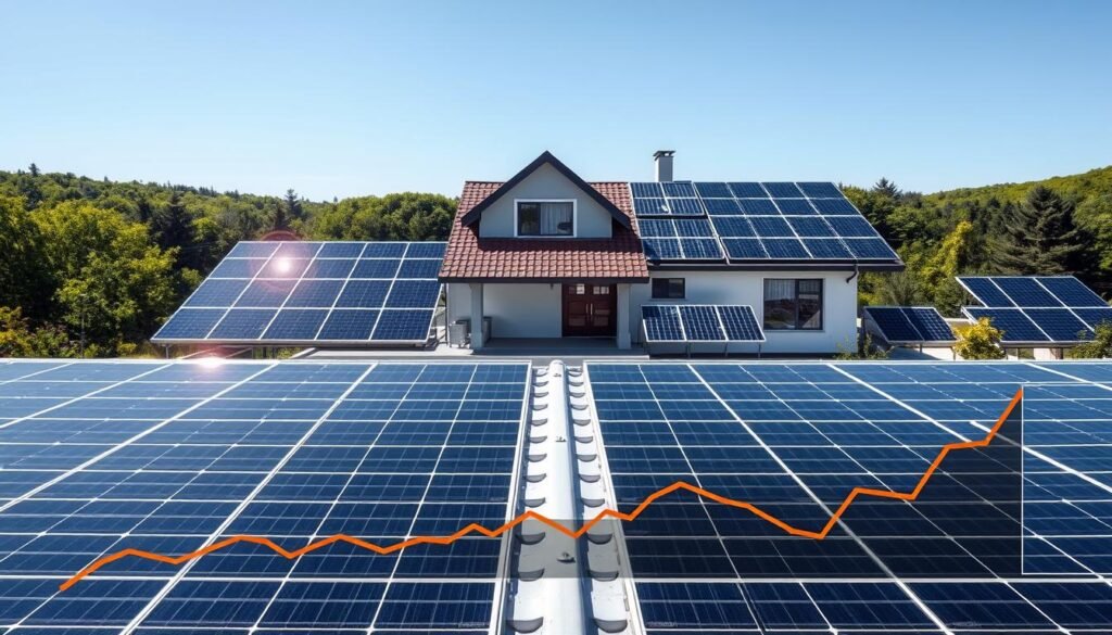 A sun-drenched solar panel array sprawls across a rooftop, its sleek black panels soaking up the abundant rays. In the foreground, a graph depicts the steady financial returns of the installation, illustrating the long-term profitability. The middle ground showcases a well-insulated, energy-efficient home, its modernist architecture complementing the clean lines of the solar panels. In the background, a lush, verdant landscape frames the scene, suggesting the environmental sustainability of the renewable energy system. Crisp, high-contrast lighting accentuates the technical details, while a serene, contemplative mood pervades the image, conveying the benefits of embracing solar power. A sun-drenched solar panel array sprawls across a rooftop, its sleek black panels soaking up the abundant rays. In the foreground, a graph depicts the steady financial returns of the installation, illustrating the long-term profitability. The middle ground showcases a well-insulated, energy-efficient home, its modernist architecture complementing the clean lines of the solar panels. In the background, a lush, verdant landscape frames the scene, suggesting the environmental sustainability of the renewable energy system. Crisp, high-contrast lighting accentuates the technical details, while a serene, contemplative mood pervades the image, conveying the benefits of embracing solar power.